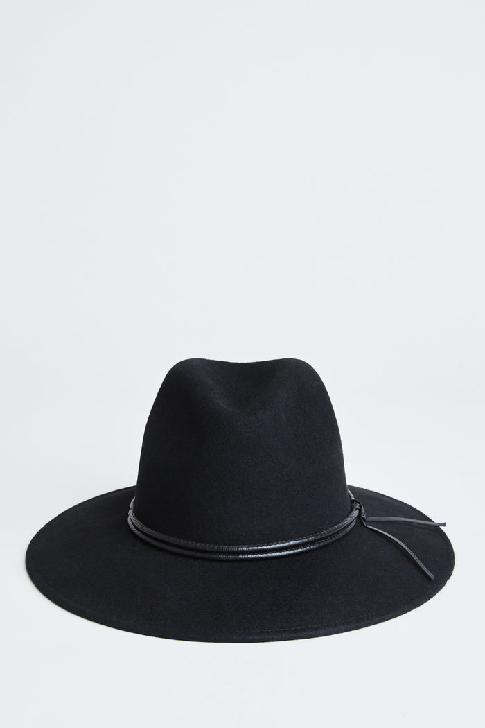 Elie Tahari Wool Wide Brim Leather Trim Fedora Hat BLACK