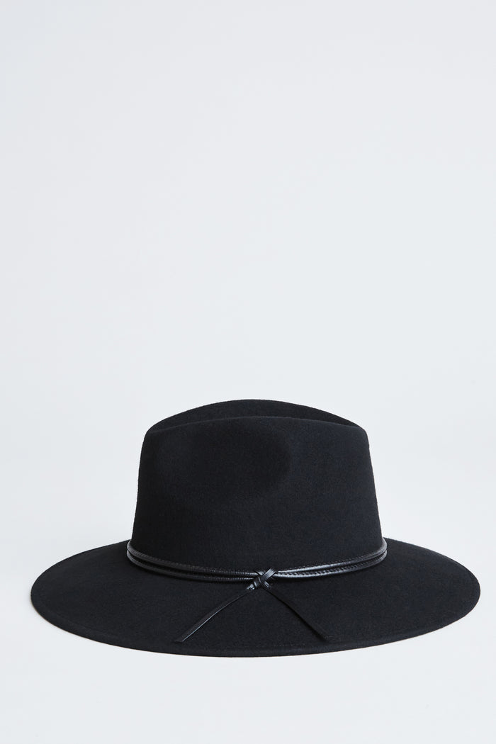 elie tahari Wool Wide Brim Leather Trim Fedora Hat BLACK