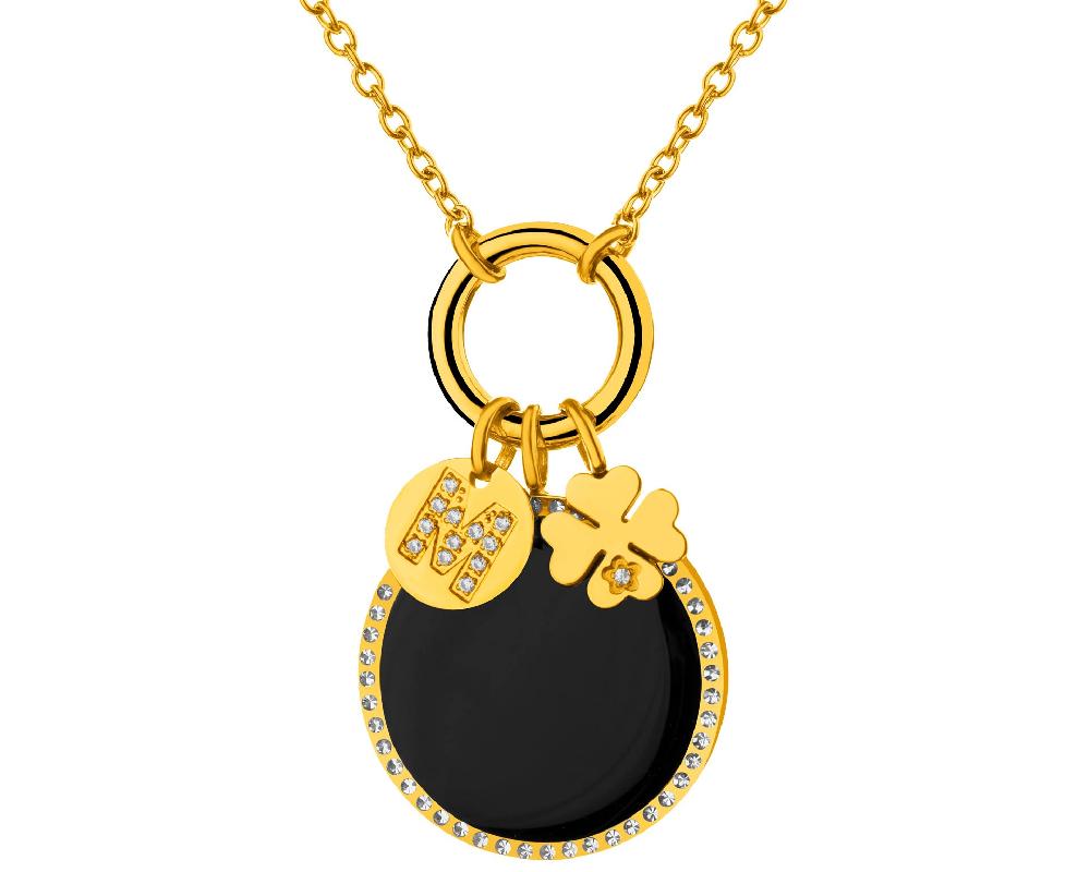 elixa NASZYJNIK ZE STALI SZLACHETNEJ Z CYRKONIAMI KRYSZTAŁAMI I DETALEM Z MASY ŻYWICZNEJ - KONICZYNA LITERA M EL540-9575