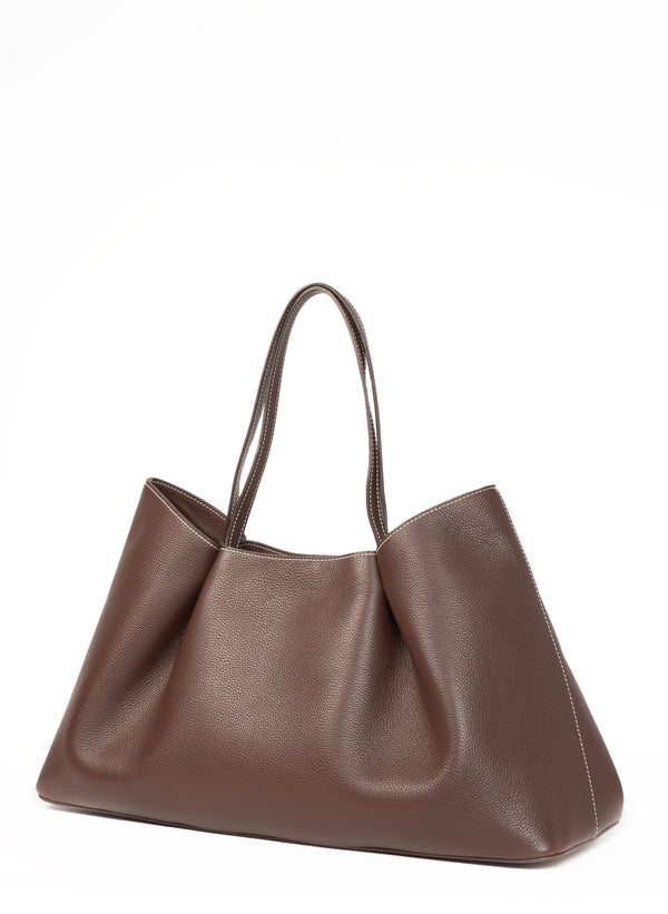 Elleme Dimple Tote Pebbled Leather Dark Brown/White Stitches