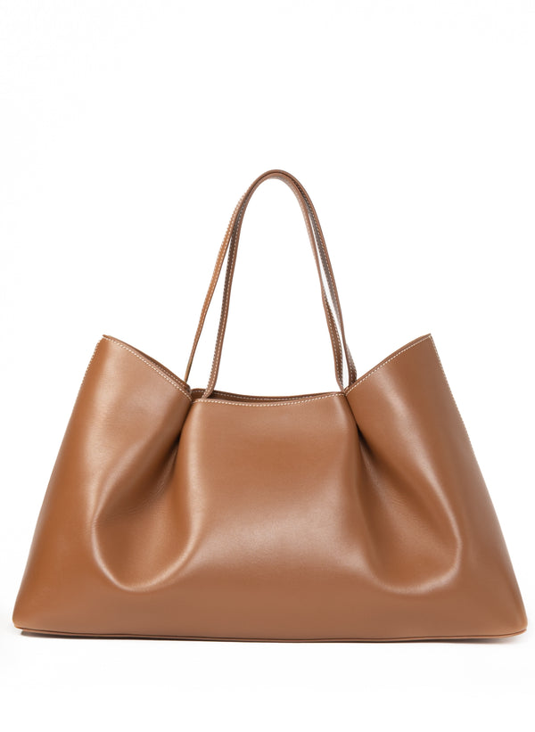 elleme Dimple Tote Leather Cognac/White Stitches