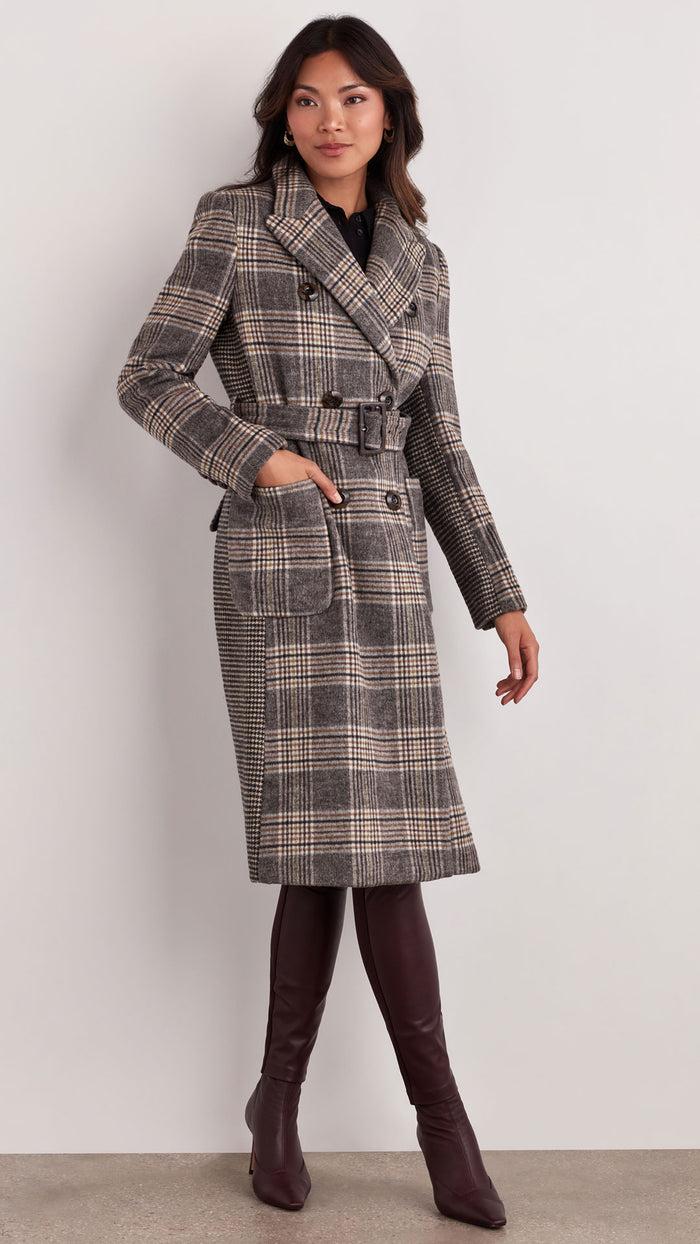 ellen tracy BELTED PLAID WOOL COAT