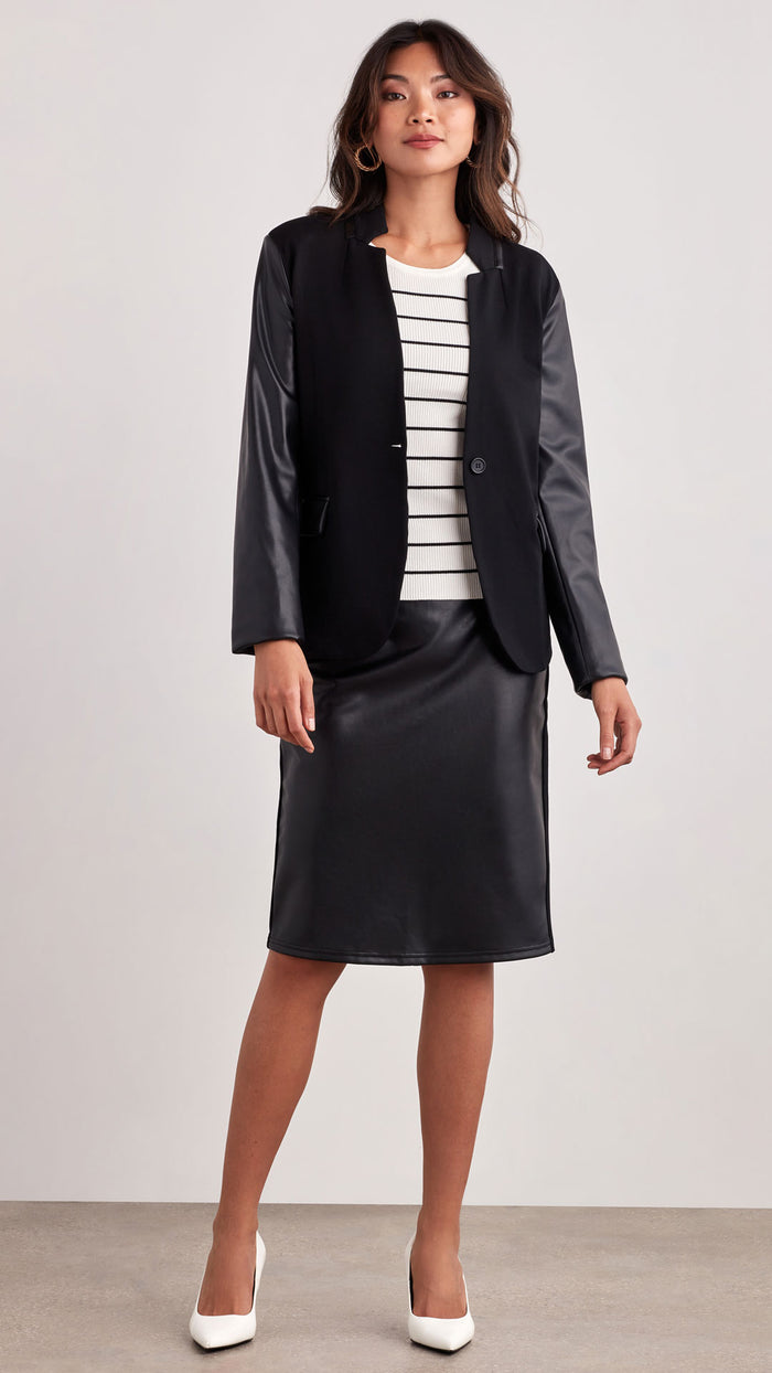 ellen tracy FAUX LEATHER MIXED MEDIA BLAZER