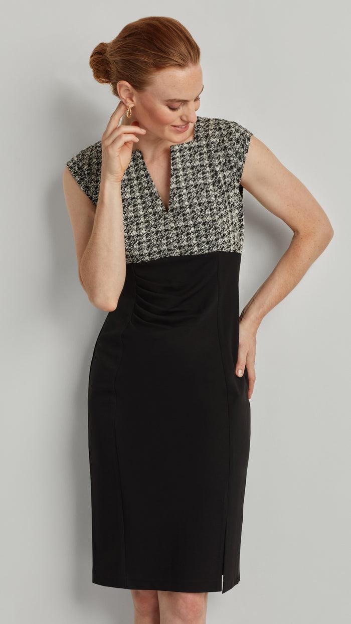 ellen tracy NOTCH NECK PLEATED WAIST CREPE DRESS