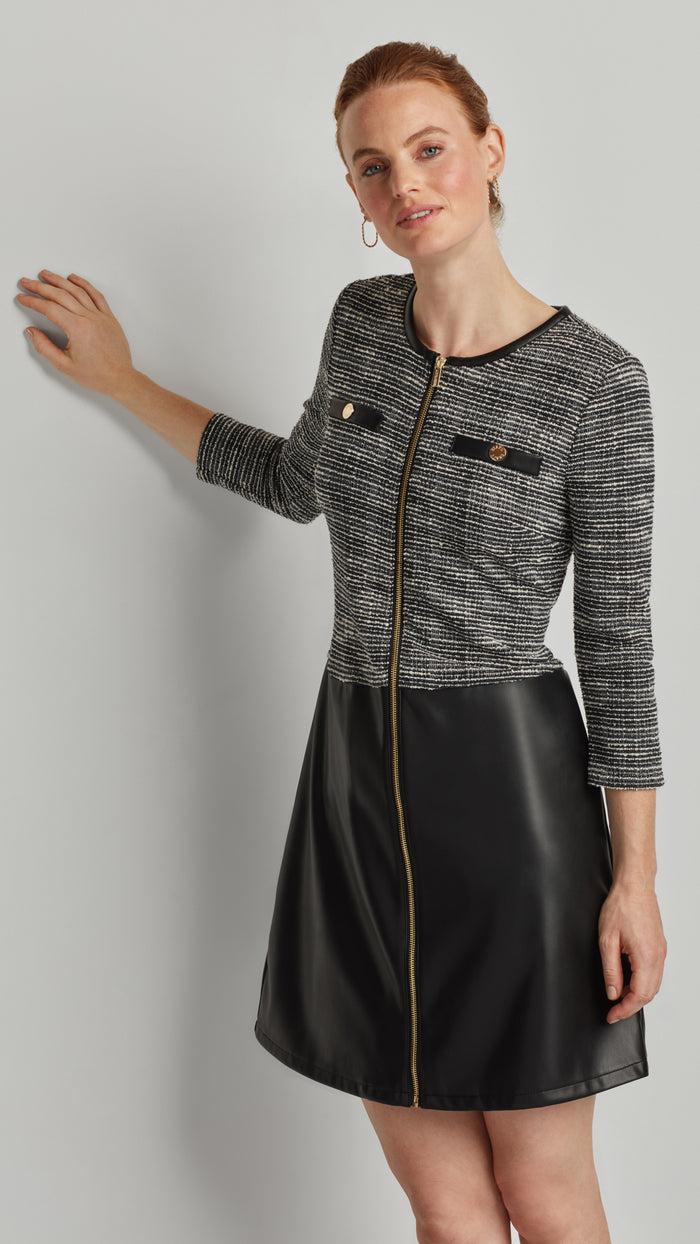 Ellen Tracy JACQUARD KNIT DRESS WITH VEGAN LEATHER SKIRT