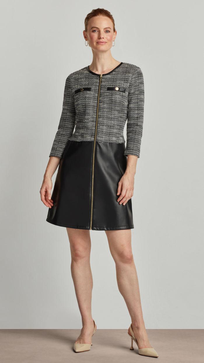 ellen tracy JACQUARD KNIT DRESS WITH VEGAN LEATHER SKIRT