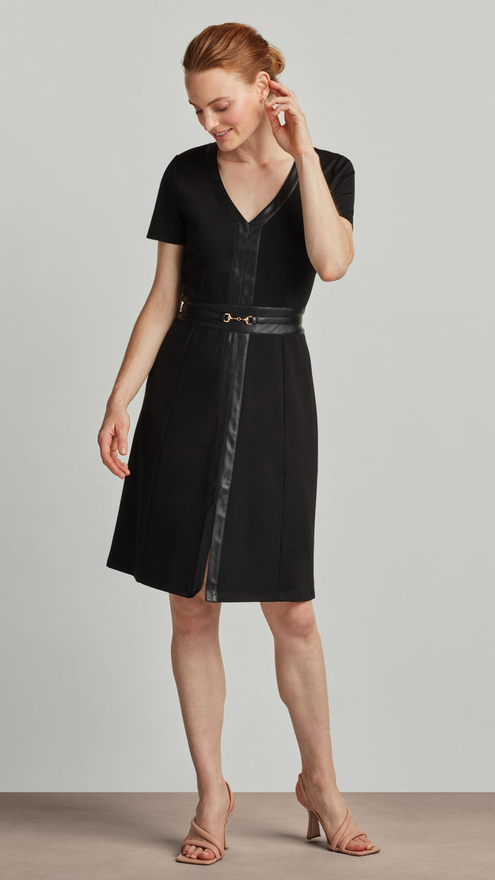 ellen tracy PONTE FLARE DRESS WITH VEGAN LEATHER TRIM