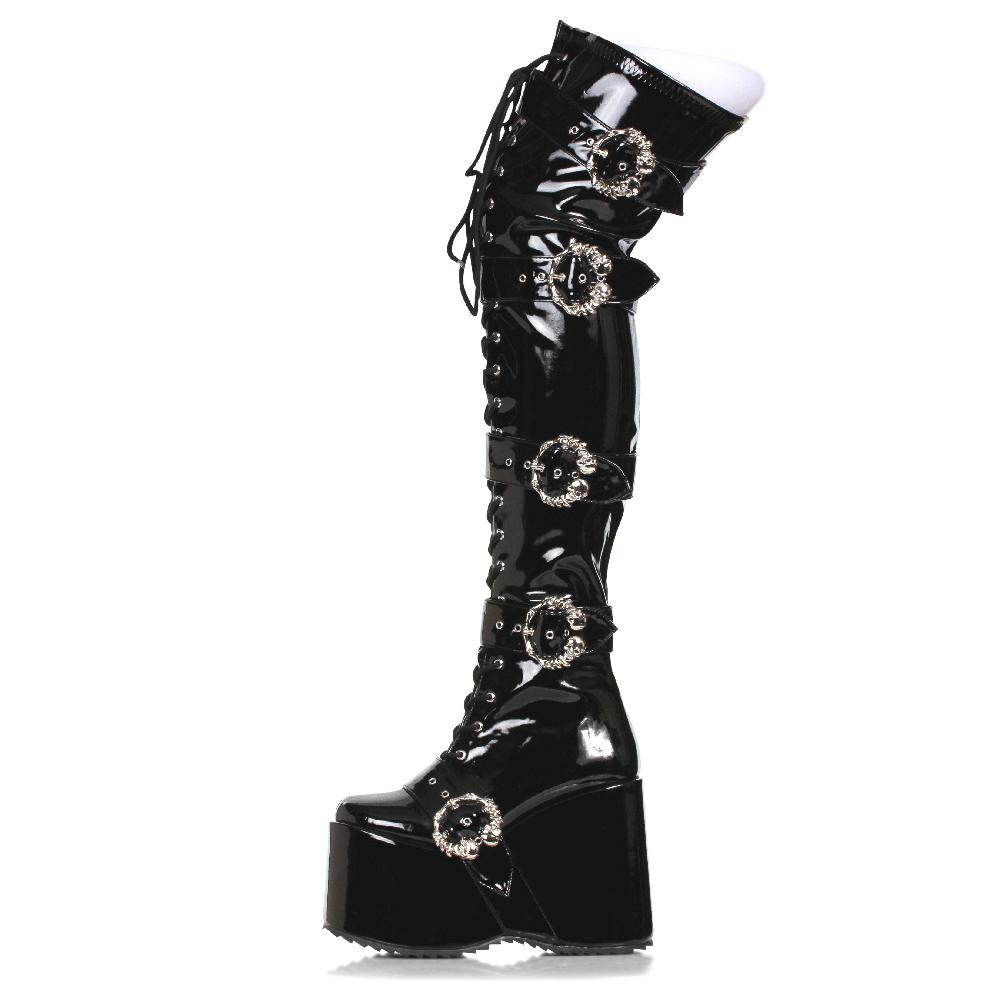 Ellis Curtain 5" Chunky Platform Thigh High Stretch Boot W/Buckles