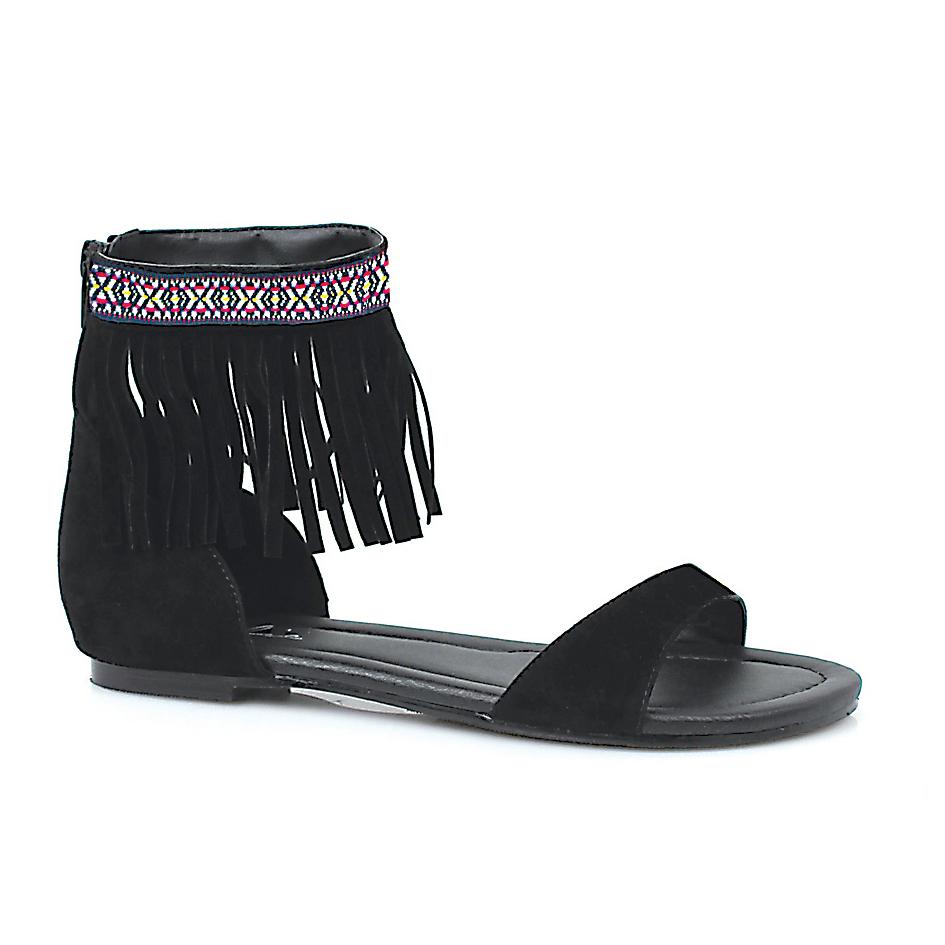Ellis Curtain Tribal Fringe Native Flat Sandal With Embroidered Details