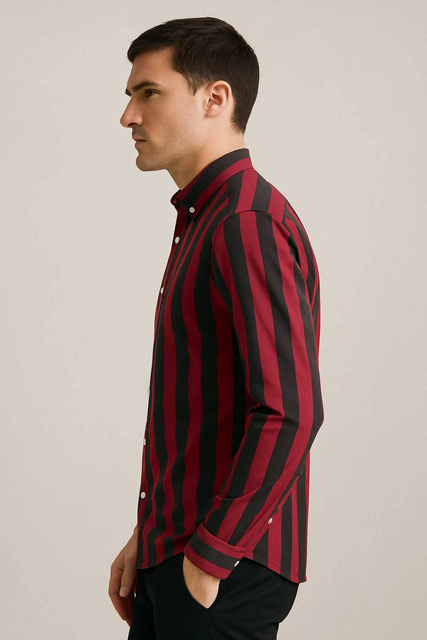 Elo 2 Much Men's Striped Button Down Casual Shirt Red