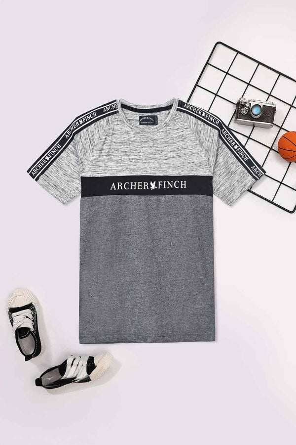 elo Archer & Finch Kid's Printed Panel Style Short Raglan Sleeve Tee Shirt Grey Melange & Charcoal