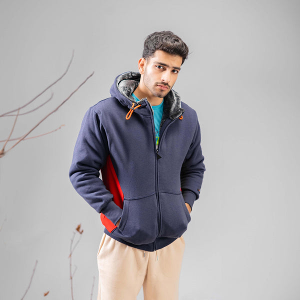elo Axinite Men's AX 96 Contrast Panel Fleece Zipper Hoodie. Navy & Red