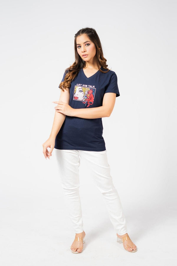 Elo BDY Women Let Him Talk Printed V- Neck Tee Shirt Navy