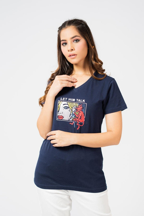 elo BDY Women Let Him Talk Printed V- Neck Tee Shirt Navy