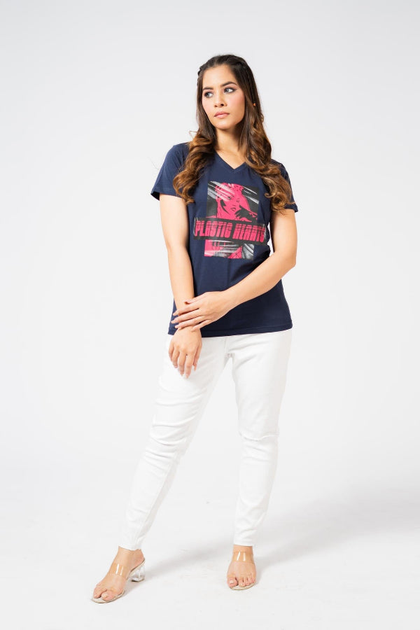 Elo BDY Women Plastic Hearts Printed V- Neck Tee Shirt Navy