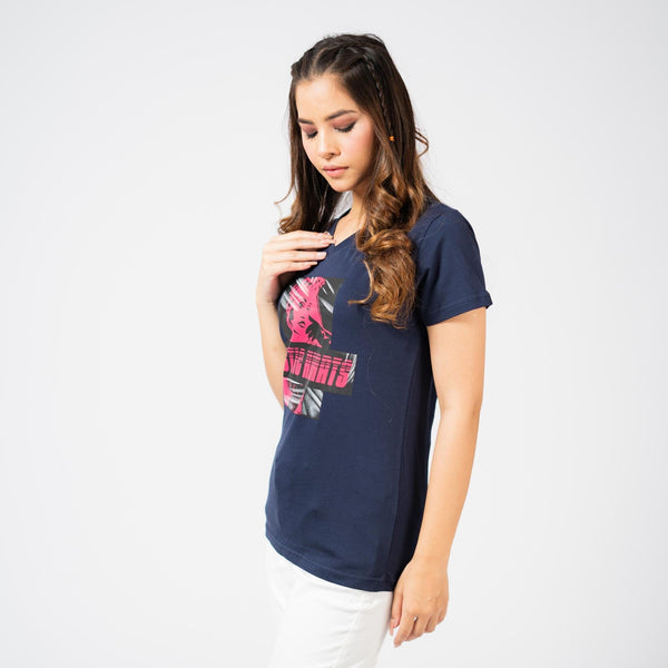 Elo BDY Women Plastic Hearts Printed V- Neck Tee Shirt Navy