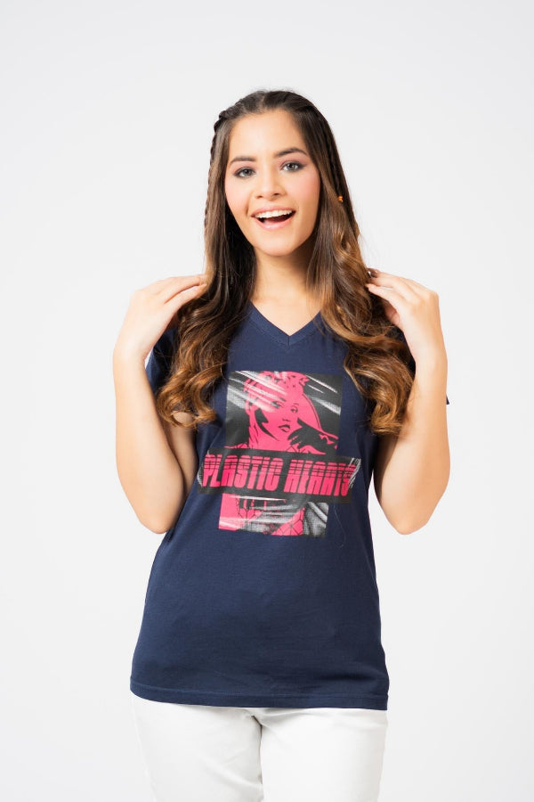 elo BDY Women Plastic Hearts Printed V- Neck Tee Shirt Navy