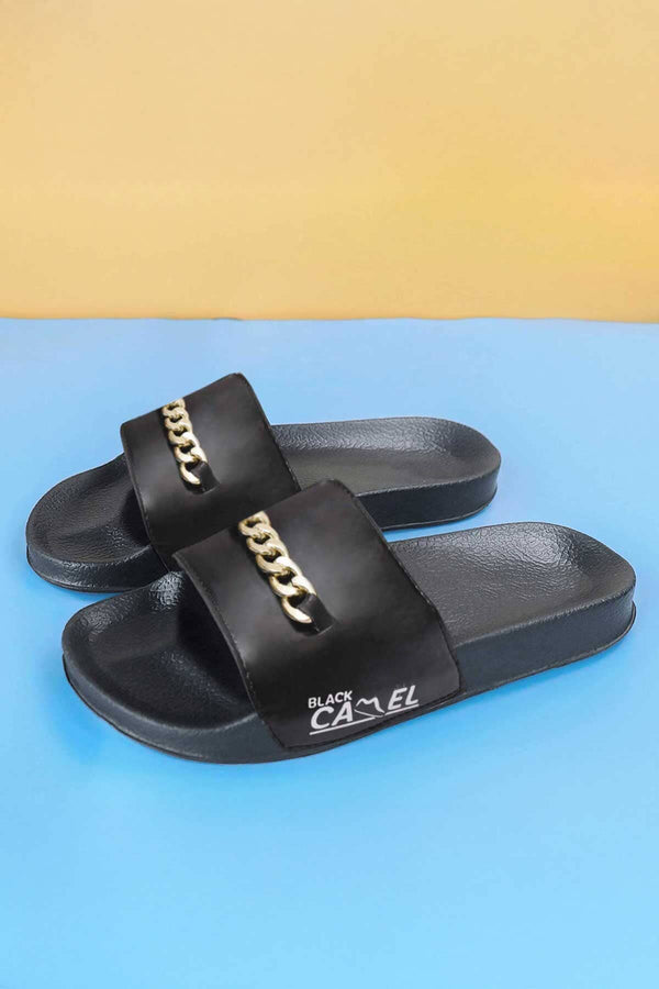 Elo Black Camel Men's Chain Embellished Soft Slides Black