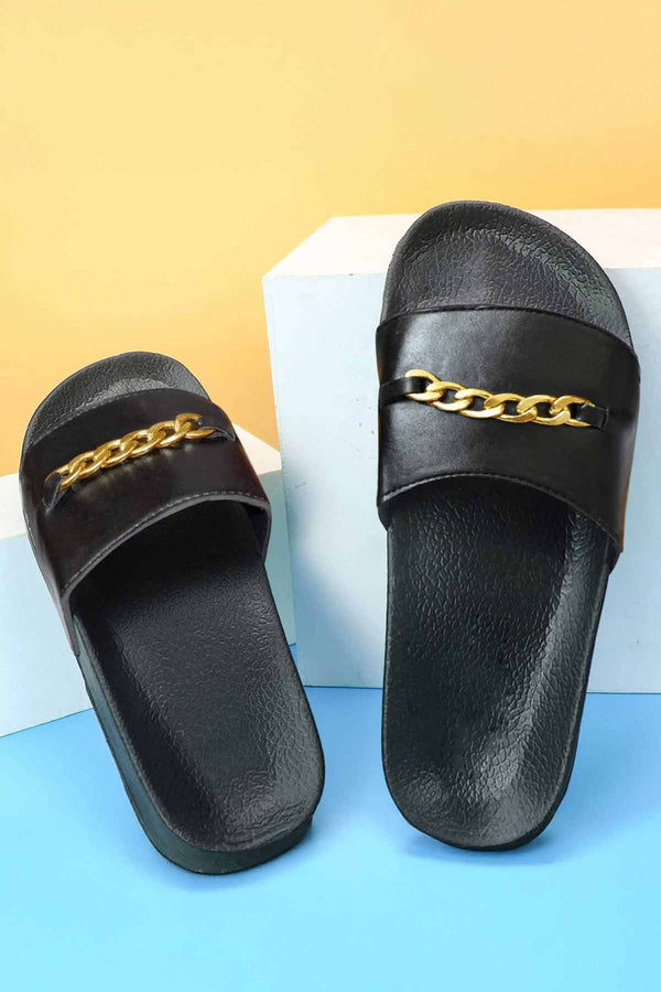 Elo Black Camel Men's Chain Embellished Soft Slides Black