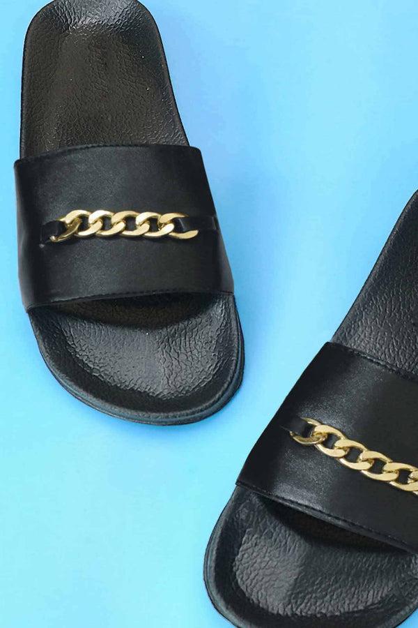 Elo Black Camel Men's Chain Embellished Soft Slides Black