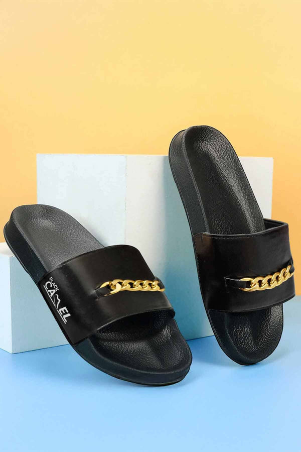 elo Black Camel Men's Chain Embellished Soft Slides Black