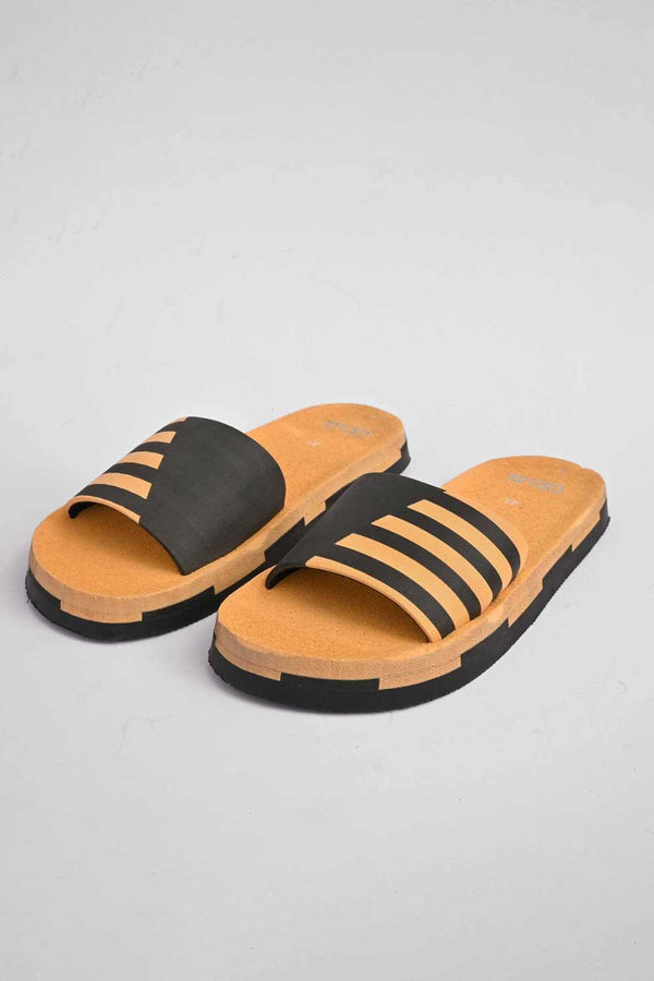 Elo Black Camel Men's Striped Design Soft Slides Mustard