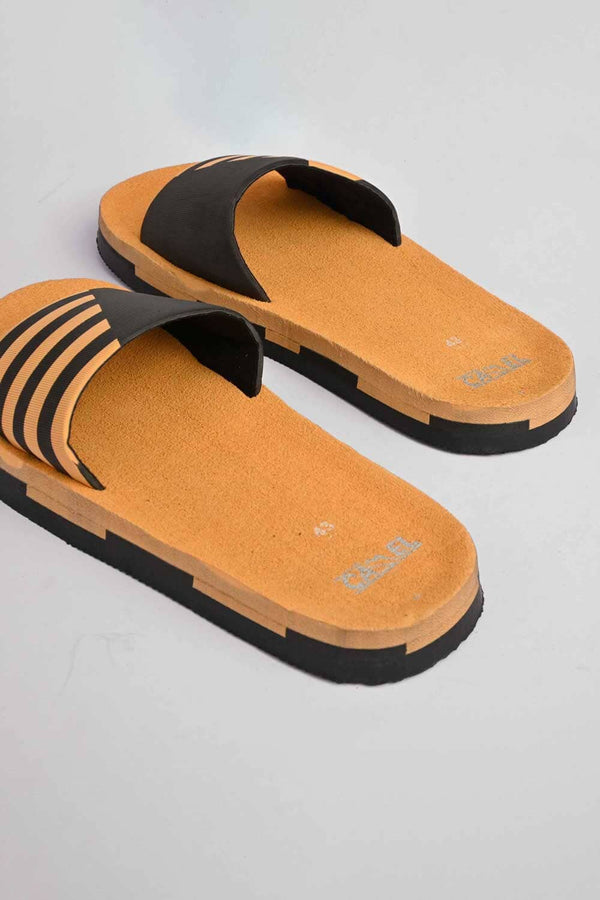 Elo Black Camel Men's Striped Design Soft Slides Mustard