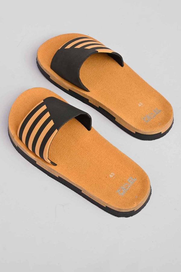 elo Black Camel Men's Striped Design Soft Slides Mustard