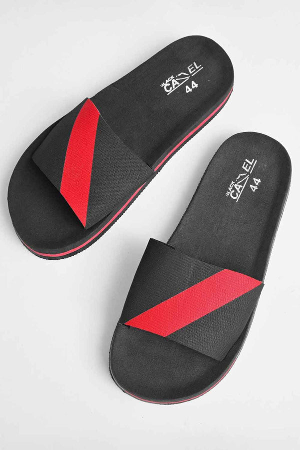 elo Black Camel Men's Truiden Striped Design Soft Slides Black & Red