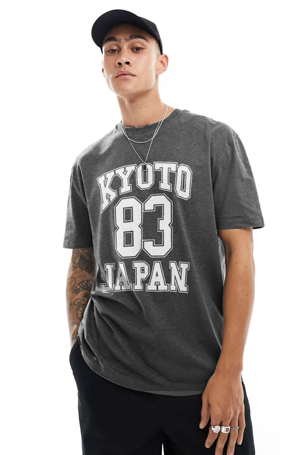 elo BSK Men's Kyoto Japan Printed Crew Neck Tee Shirt Charcoal