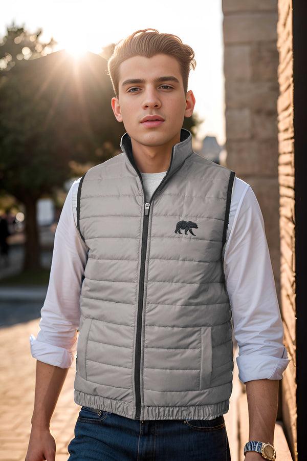 Elo Burnt Soul Men's Bear Embroidered Body Warmer Puffer Gilet Grey