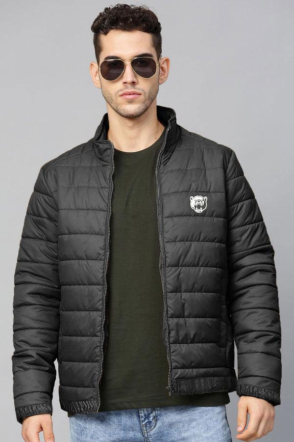 Elo Burnt Soul Men's Bear Face Embroidered Design Puffer Jacket Black