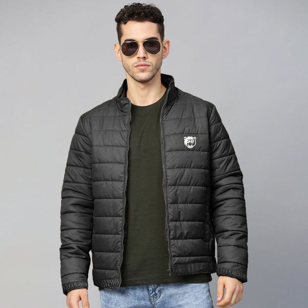 elo Burnt Soul Men's Bear Face Embroidered Design Puffer Jacket Black