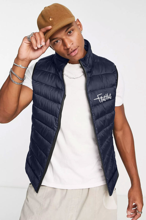 Elo Burnt Soul Men's Flalttat Embroidered Body Warmer Puffer Gilet Navy