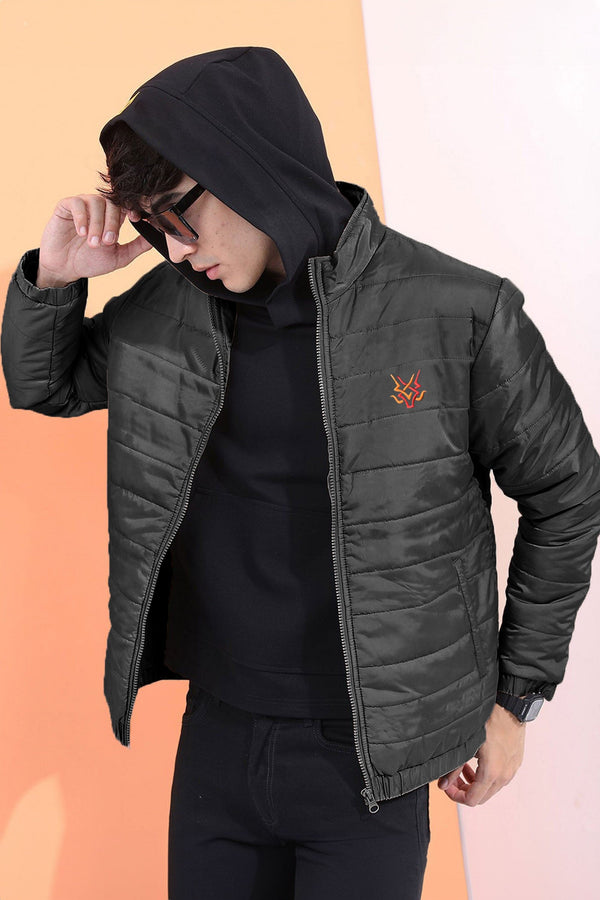 Elo Burnt Soul Men's Flame Crest Embroidered Long Sleeve Puffer Jacket Black