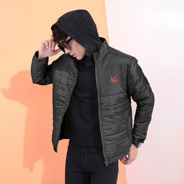 elo Burnt Soul Men's Flame Crest Embroidered Long Sleeve Puffer Jacket Black