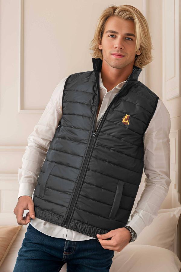 Elo Burnt Soul Men's Wolf Embroidered Body Warmer Puffer Gilet Black