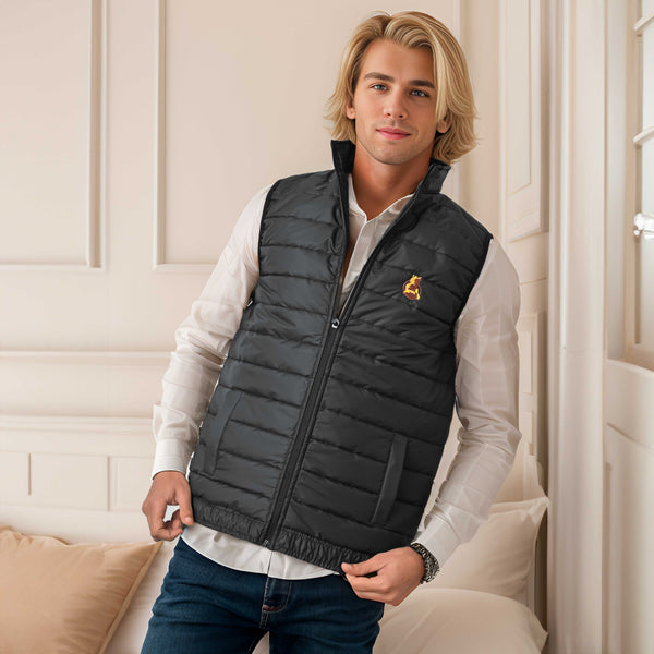 elo Burnt Soul Men's Wolf Embroidered Body Warmer Puffer Gilet Black