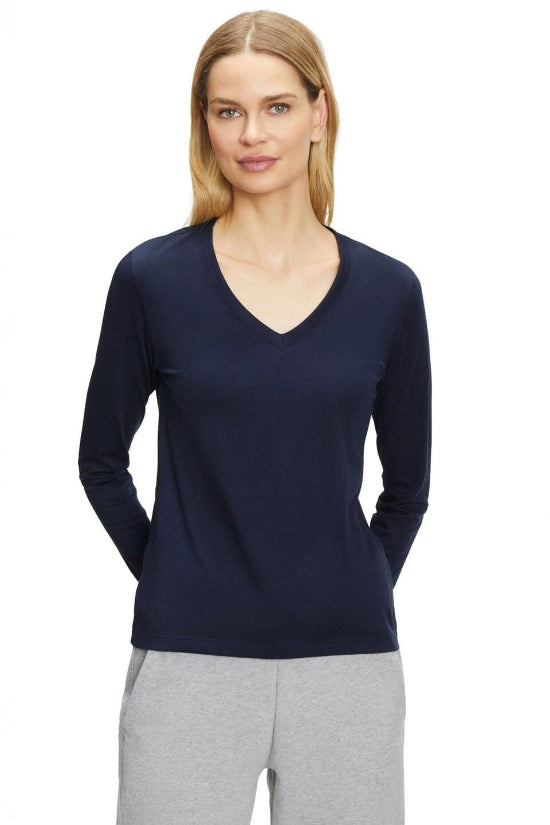 elo BYD Elegance: Women's Full-Sleeve V Neck 100% Combed Cotton Tee Navy