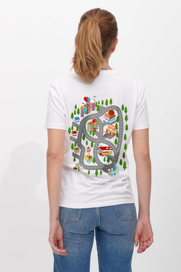 elo BYD Women's Play Mat Road Map Printed V- Neck Tee Shirt White