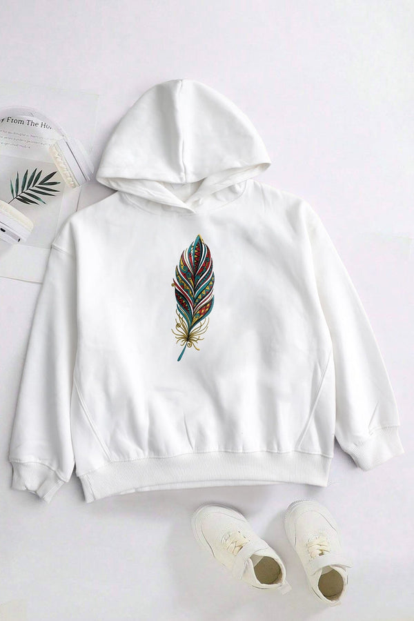 Elo Code Girl's Feather Printed Fleece Pullover Hoodie Off White