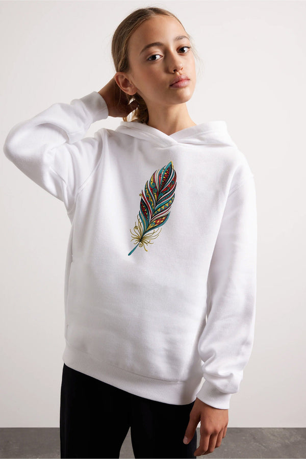elo Code Girl's Feather Printed Fleece Pullover Hoodie Off White
