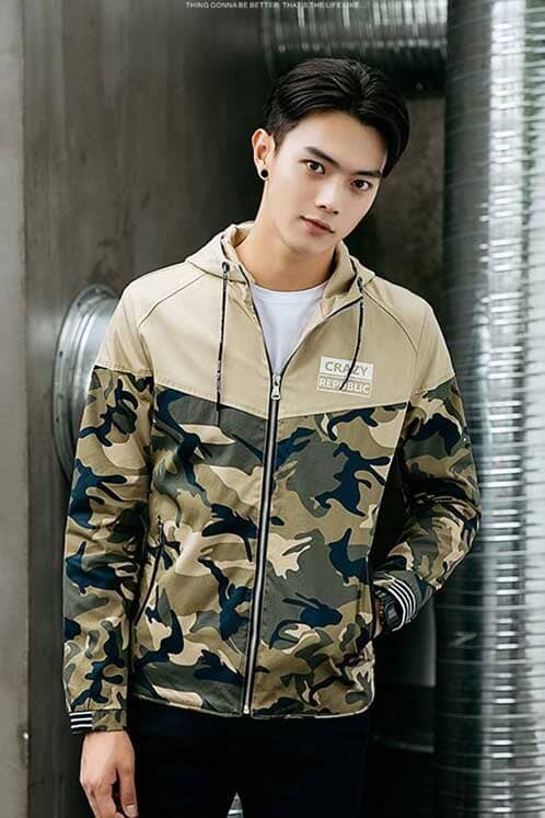 Elo Crazy Republic Men's Camo Style Long Sleeve Hooded Zipper Jacket Camo Navy