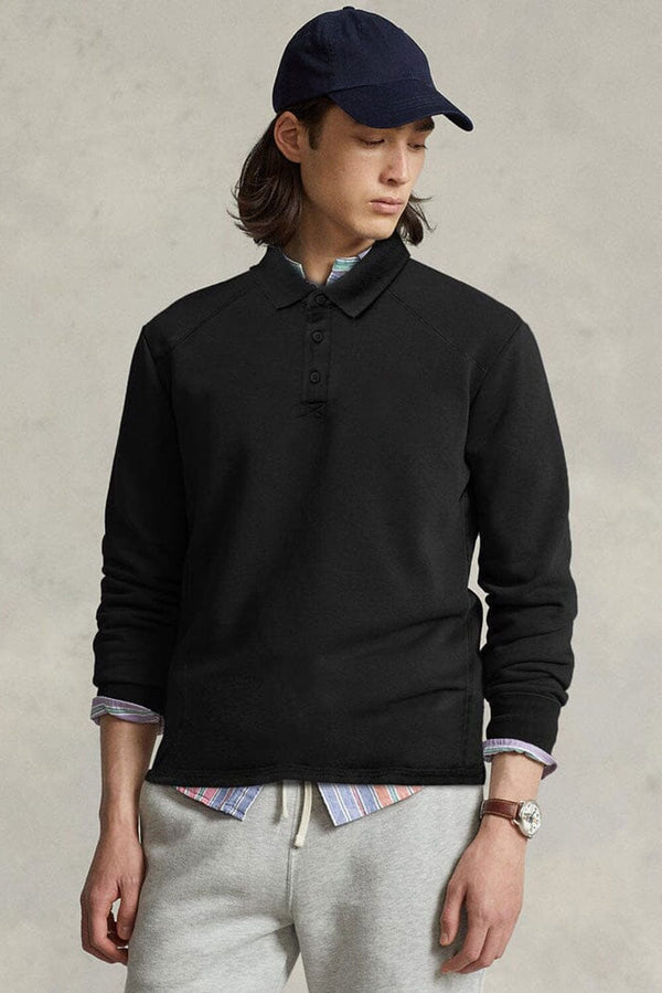elo Cut Label Men's Drop-Tail Long Sleeve Fleece Polo Shirt Black