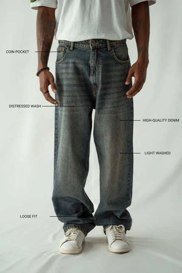 Elo Cut Label Men's Light Washed Loose Fit Denim Pants Light Blue