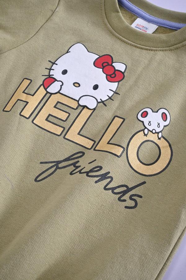 Elo Cutie Kid's Hello Friends Printed Fleece Sweat Shirt Olive