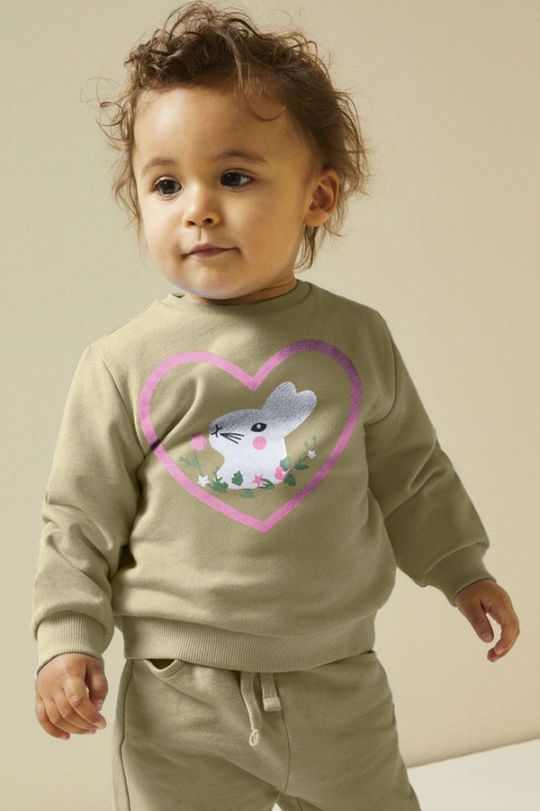 elo Cutie Kid's Rabbit Printed Fleece Sweat Shirt Olive