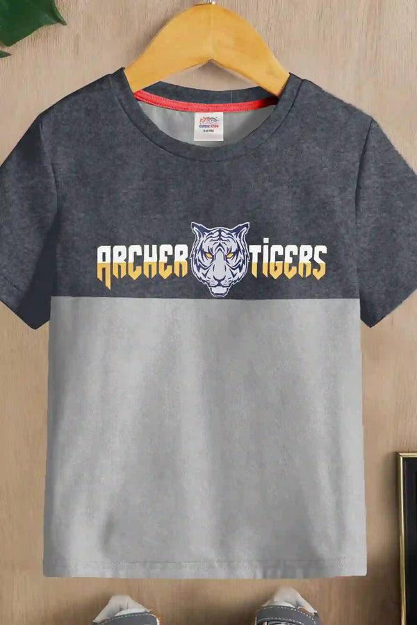 Elo Cutie Kid's Waterford Tiger Printed Panel Design Tee Shirt Jean Marl & Royal
