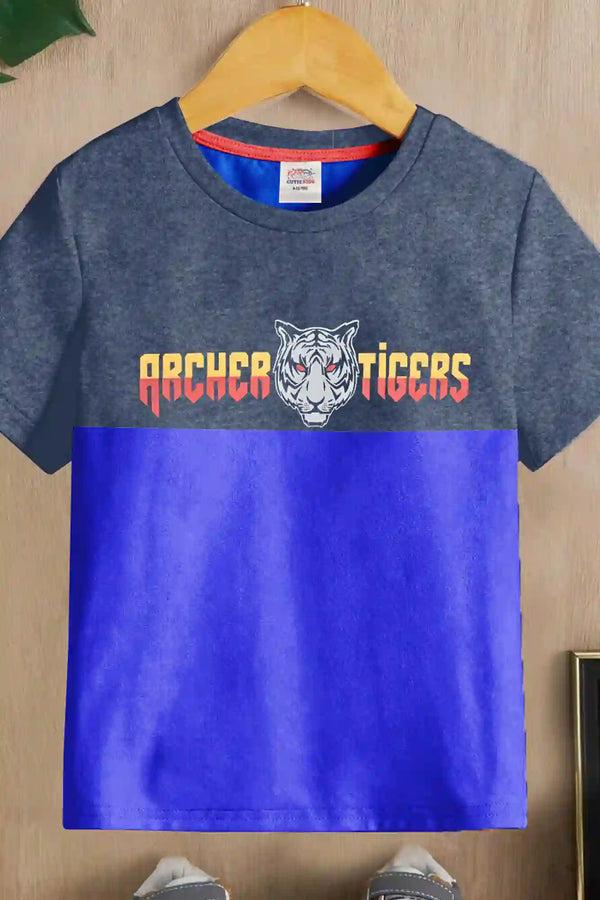 elo Cutie Kid's Waterford Tiger Printed Panel Design Tee Shirt Jean Marl & Royal