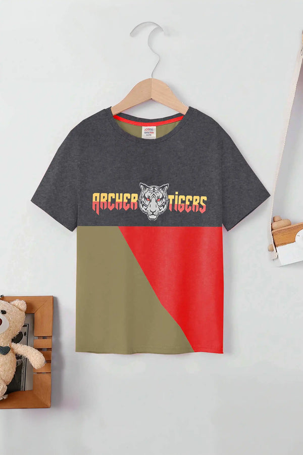 elo Cutie Kid's Wexford Tiger Printed Panel Design Tee Shirt Charcoal & Olive